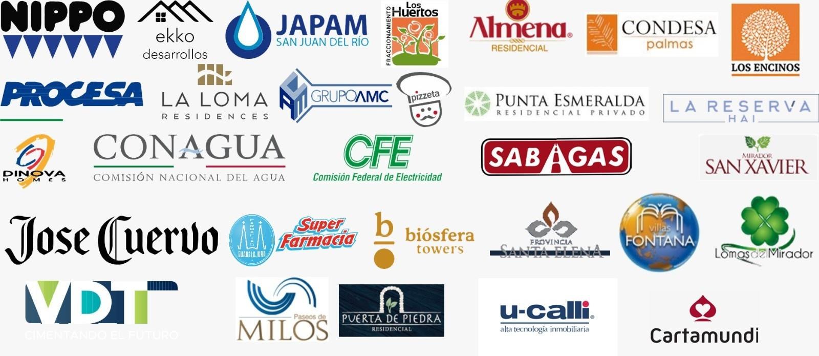 Clientes: Nippo, Ekko Desarrollos, JAPAM San Juan del Río, Los Huertos, Almena Residencial, Condesa Palmas, Los Encinos, Procesa, La Loma Residences, Grupo AMC, Pizzeta, Punta Esmeralda, La Reserva HAI, Dinova Homes, CONAGUA, CFE, Sabagas, Mirador San Xavier, José Cuervo, Farmacias Guadalajara, Súper Farmacia, Biósfera Towers, Provincia Santa Elena, Villas Fontana, Lomas del Mirador, Paseos de Milos, Puerta de Piedra, U-Calli, Cartamundi